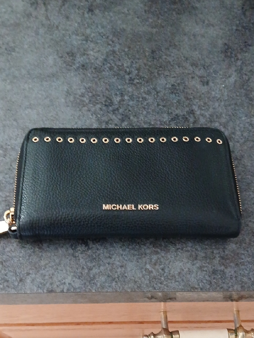 Michael Kors Black Pebbled Leather Zip Wallet with Gold Eyelets
